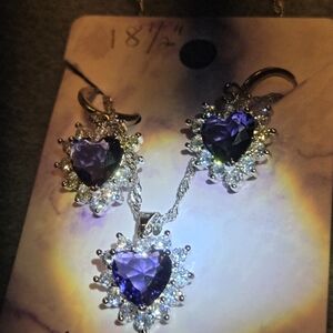 Silver and Purple CZ Heart Necklace and Earrings Set